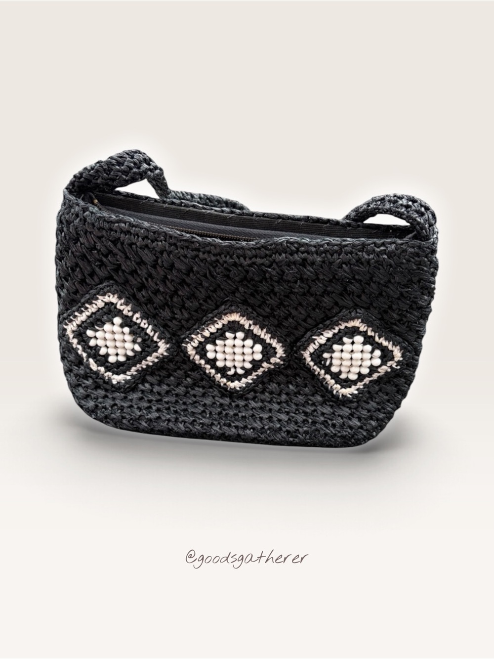 VINTAGE Made in Japan Small Black Raffia Woven Beaded Shoulder Bag Purse